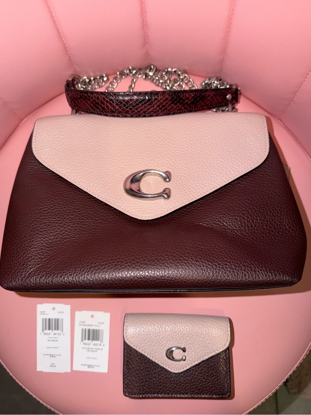 Coach Two-Tone Plum and Lavender Leather Shoulder Bag with Matching Card Case